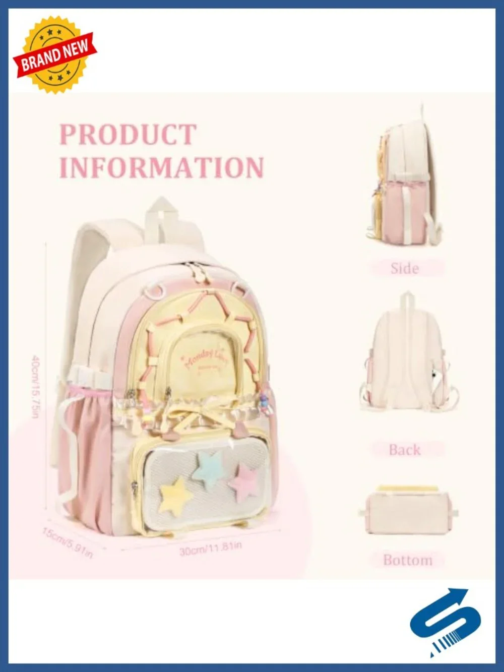 Kawaii Ita Backpack Nylon PVC Y2K Daypack with Clear Pockets